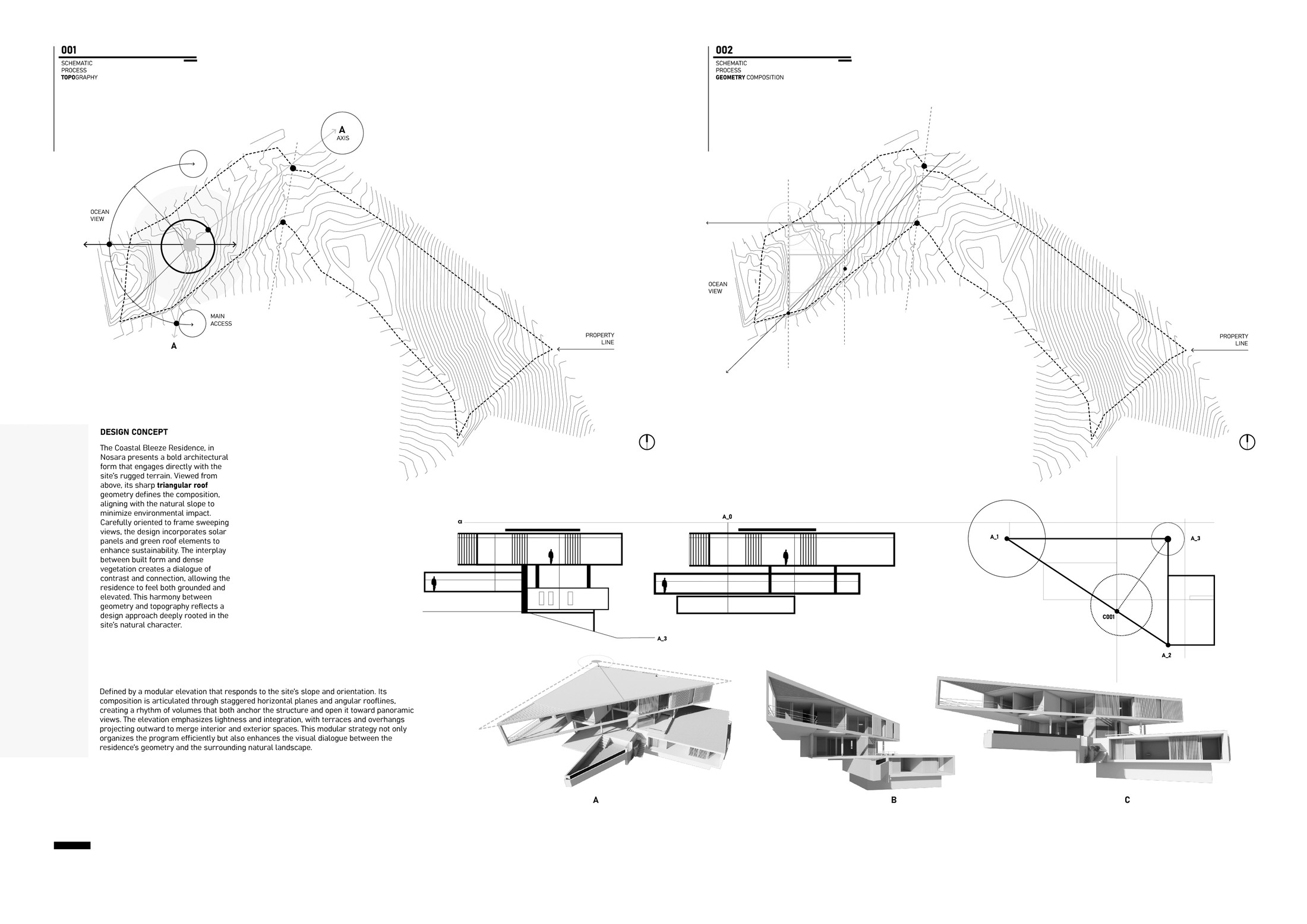 Diagrama de concepto de diseno de Casa Cinco 7: topografia, geometria y volumetria